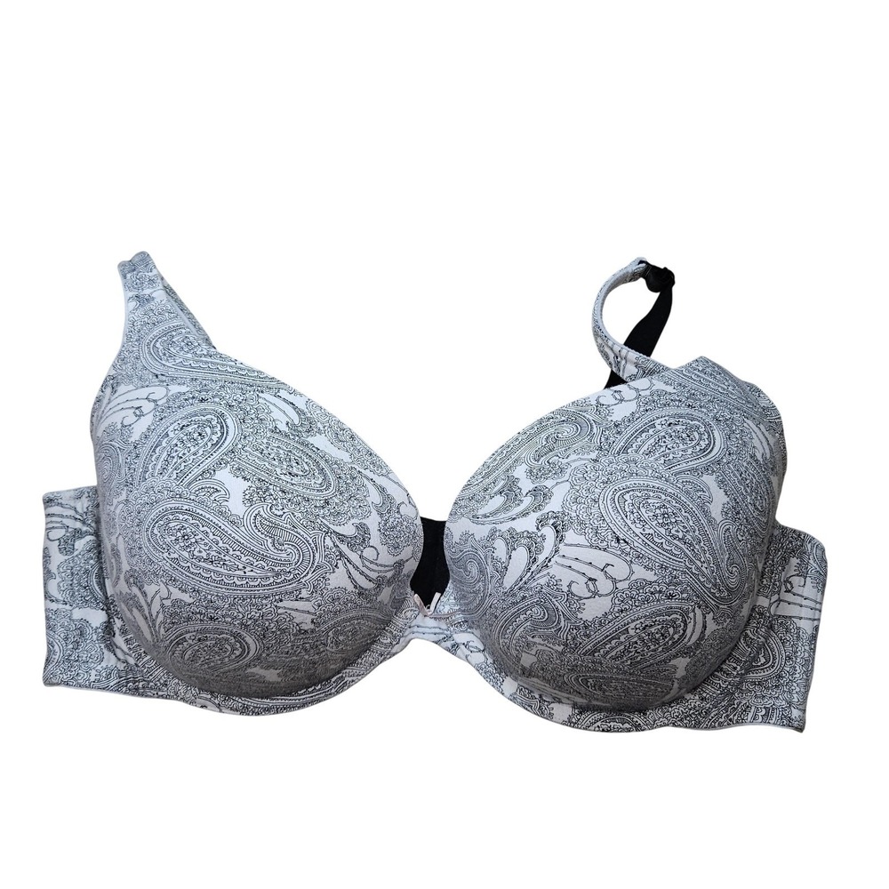 Cacique Bra Womens 44D‎ Black White Paisley Underwire Lightly Lined Molded Cup